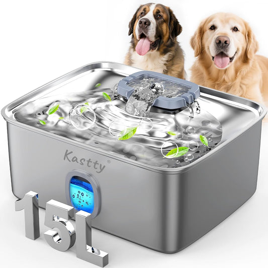 Kastty 15L/3.96 Gal Stainless Steel Dog Water Bowl Dispenser, Large Capacity Dog Water Fountain Quiet LED Light Triple Filtration BPA-Free, Automatic Pet Water Fountain Easy Cleaning for Pet FS76