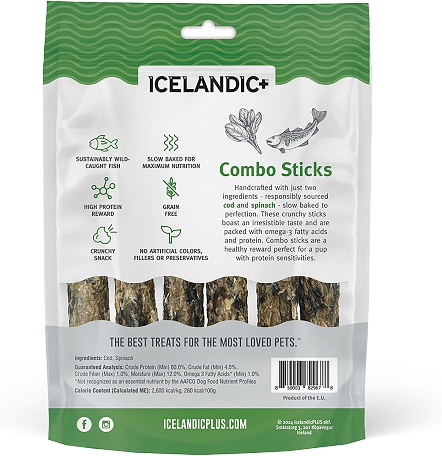 Icelandic+ Combo Sticks: Cod & Spinach - 6pk Wild-Caught Fish Dog Treats, 2oz Bag, 2 Simple Ingredient Pet Snacks, Skin-Coat Health, Natural Pet Chews