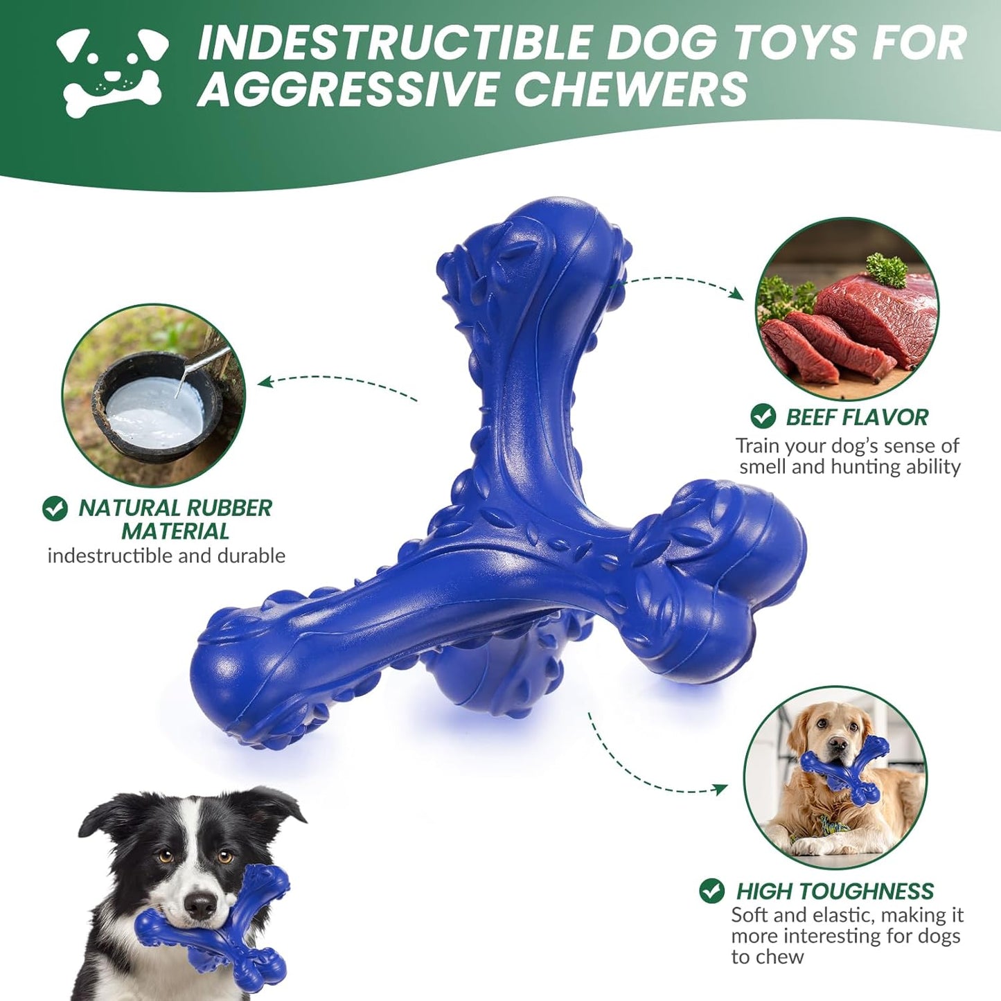 Dog Chew Toys for Aggressive Chewers Large Breed,Indestructible Bones Toy，Durable Cleaning Toothbrush Natural Rubber Dog Toys… (Deep Blue)