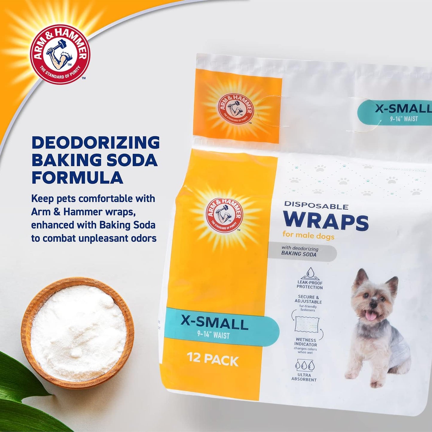 Arm & Hammer for Pets Male Dog Wraps, X-Small, Super Absorbent Dog Wraps for Male Dogs Arm & Hammer Baking Soda Enhanced Dog Wraps for Odor Control (Pack of 6, 72 Count Total)