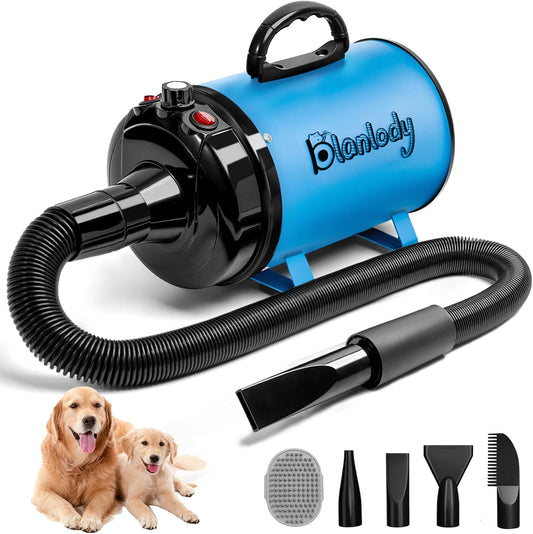 High Velocity Dog Hair Dryer 5.2HP/ 3800W Professional Dogs Blower Grooming Dryer, Adjustable Temperature and Speed Pet Dryers with 4 Nozzles and a Comb, Blue