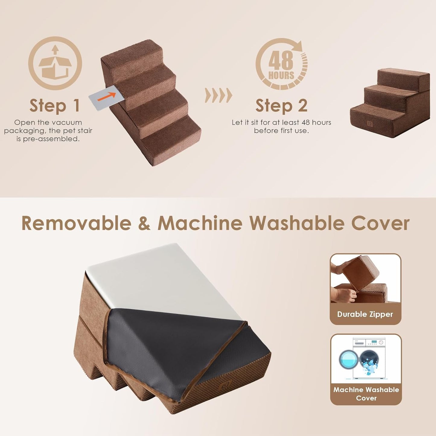 EHEYCIGA Dog Stairs for Small Dogs 13.5" H, 3-Step Dog Steps for Couch Sofa and Chair, Pet Steps for Medium Cats, Non-Slip Balanced Pet Ramp Indoor, Brown