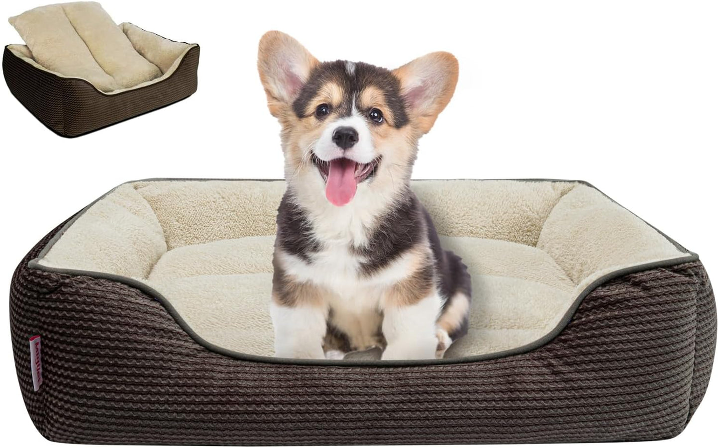 Miguel Dog Bed with Removable Cushion/Pillow for Small Dogs, Washable Pet Bed with Side Easy to Wash Puppy Bed, Rectangle Cat Beds for Indoor Cats with Anti-Slip Bottom, Khaki 20 Inch