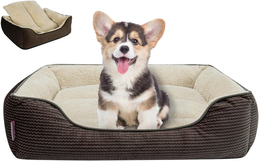 Miguel Dog Bed with Removable Cushion/Pillow for Small Dogs, Washable Pet Bed with Side Easy to Wash Puppy Bed, Rectangle Cat Beds for Indoor Cats with Anti-Slip Bottom, Khaki 20 Inch