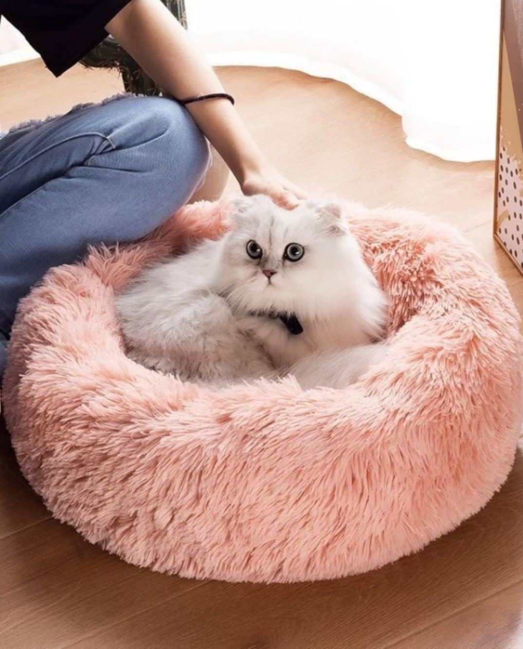 Cat Beds for Indoor Cats - Cat Bed Washable 20/24 inches, Dog Beds for Small Medium Dogs, Anti Anxiety Round Fluffy Plush Faux Fur Pet Bed, Thick Bottom (Pink, Medium)