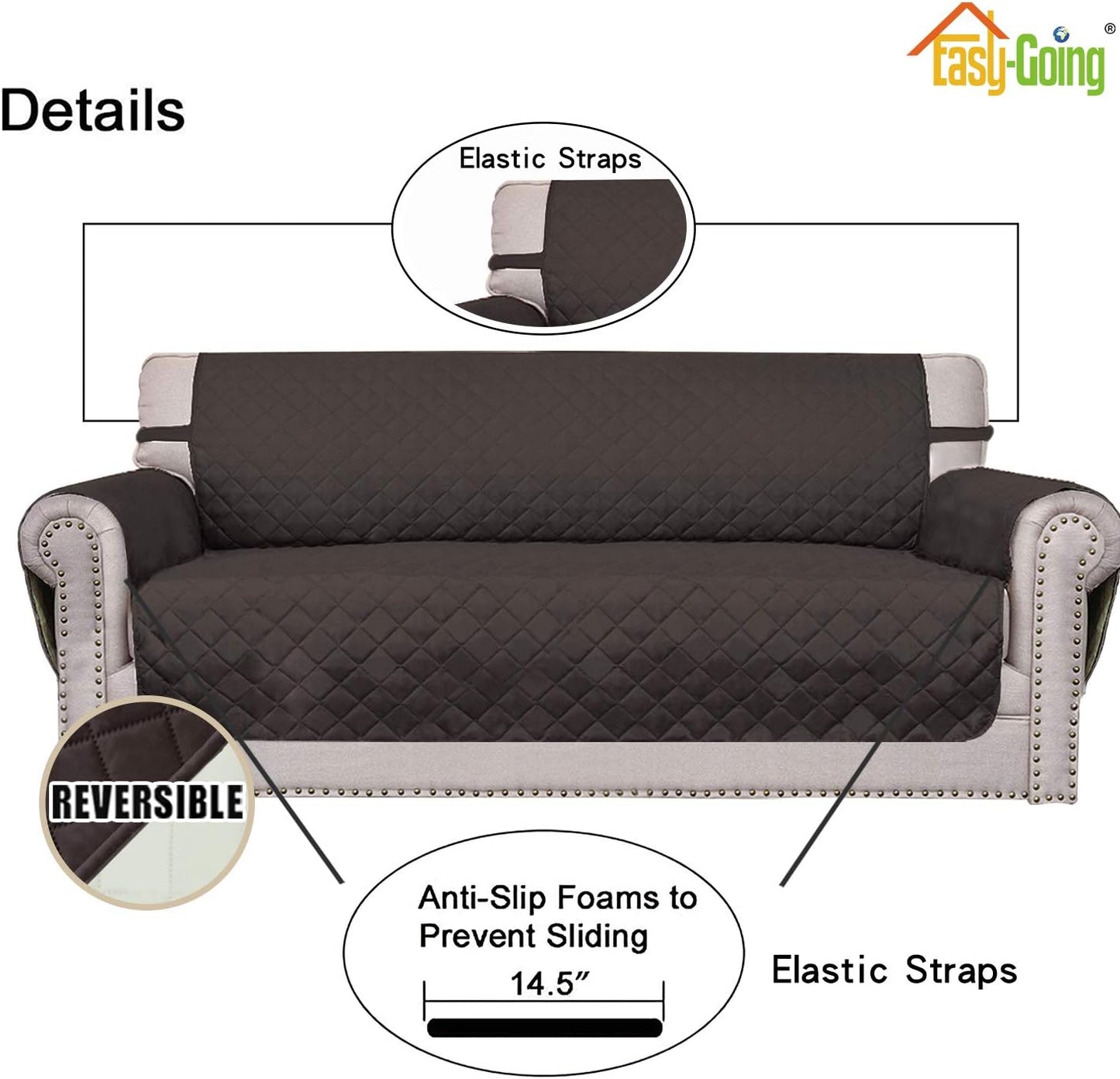 Easy-Going Reversible Loveseat Couch Cover for 2 Cushion Couch Sofa Cover for Dogs Water Resistant Furniture Protector with Foam Sticks Elastic Straps for Pet (Loveseat, Chocolate/Ivory)