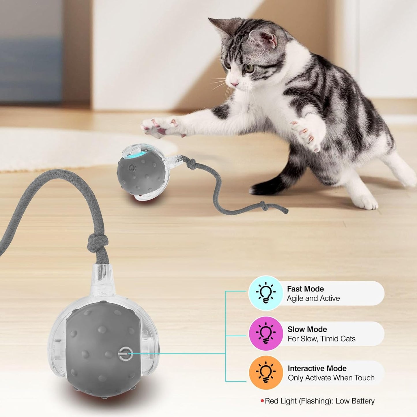 Electric Interactive Cat Toy Ball - Automatic Rolling Silicone Cat Toys for Indoor Cats, Durable Chew-Proof Motorized Kitty Ball with LED Light, Fun Exercise Toys for Bored Kittens（Grey）