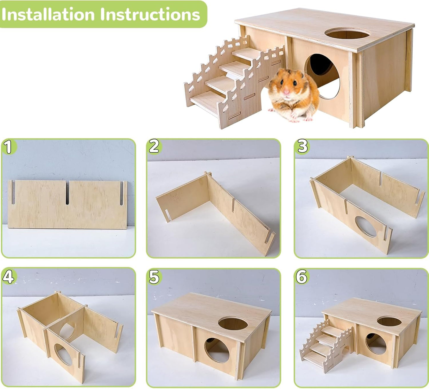 Wooden Hamster Hideout,Hamster House with Ceramic Bowl & Ladder,Small Pets Multi-Chamber Explore Hide Hut Habitats Decor Accessories for Rat,Gerbils, Dwarf Hamsters, Mice