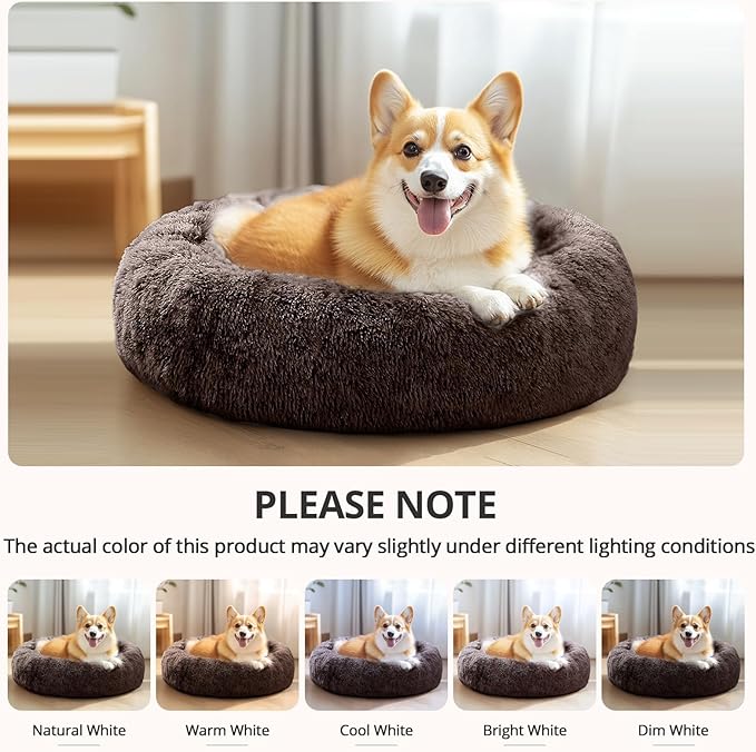 JOLLYVOGUE Medium Calming Dog Bed, Anti-Anxiety Donut Cuddler Cat Bed with Anti-Slip Bottom, Fluffy Faux Fur Machine Washable Pet Cushion for Medium Large Dog & Cat (31")