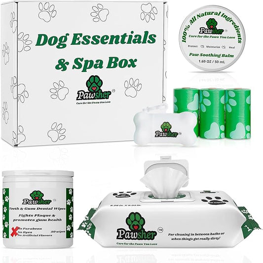 Dog Essentials Starter Kit - New Puppy Kit with Pet Wipes, Paw Balm, Dental Teeth Cleaning Wipes and Poop Bags Set - Complete Dog Kit for Travel, Camping & Gift Set