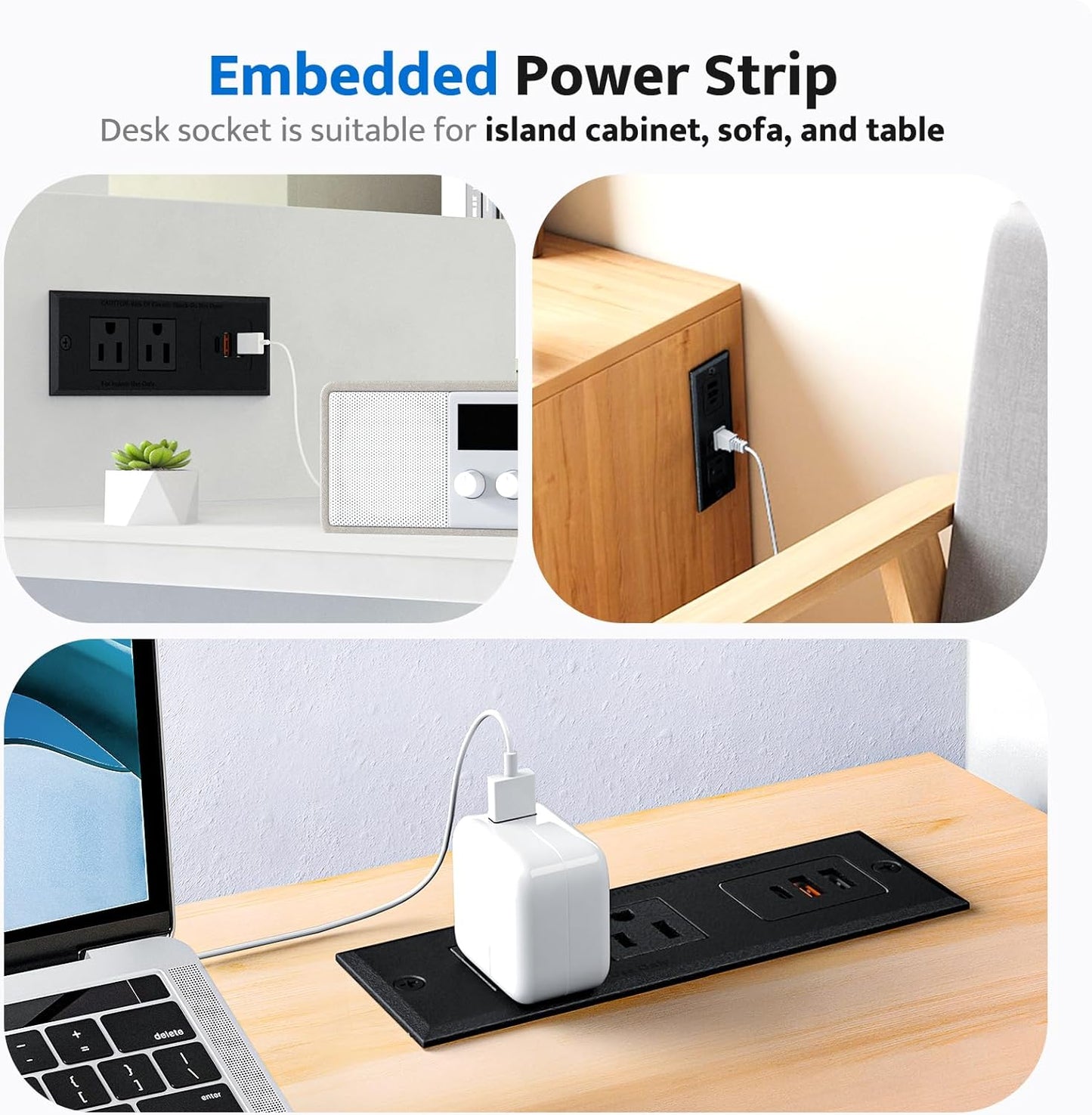 DOACE Recessed Power Strip with USB C Fast Charging Conference Recessed Outlet,Space-Saver for Furniture Side Table,2 AC Outlets,3 USB Ports,6ft Cord, for Home