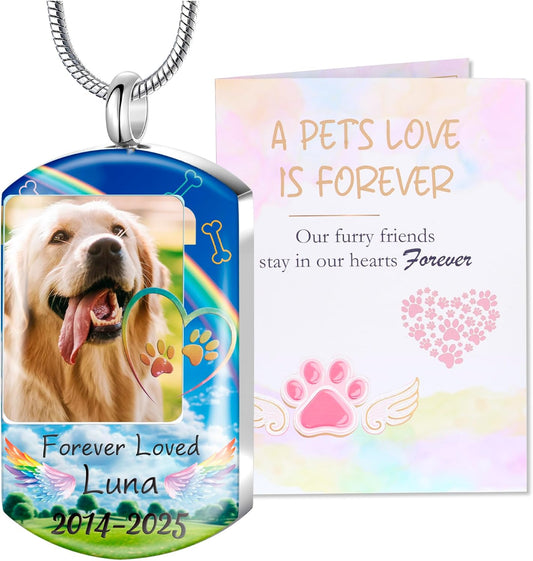 Fanery Sue Personalized Pet Ashes Necklace for Dog Cat Custom Photo&Text Pet Loss Sympathy Gift Cremation Jewelry