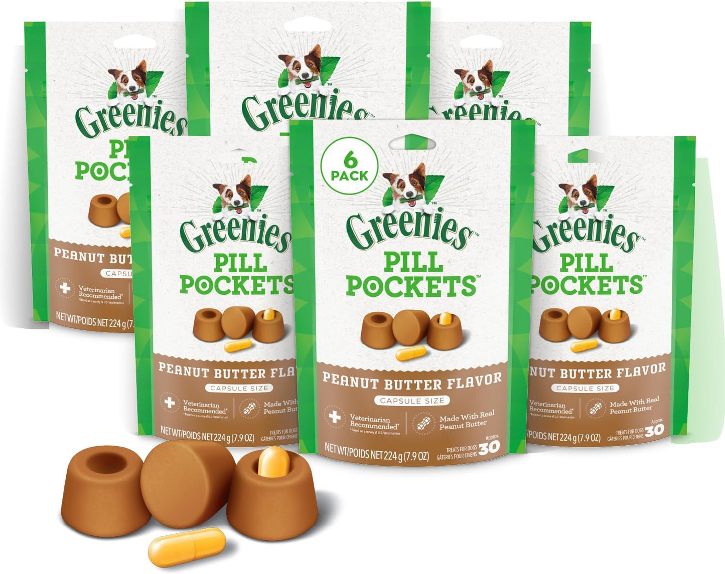 Greenies Pill Pockets for Dogs Large Size, Soft Dog Treats, Real Peanut Butter Flavor, (6) 7.9 oz. Pouches (180 Treats Total)
