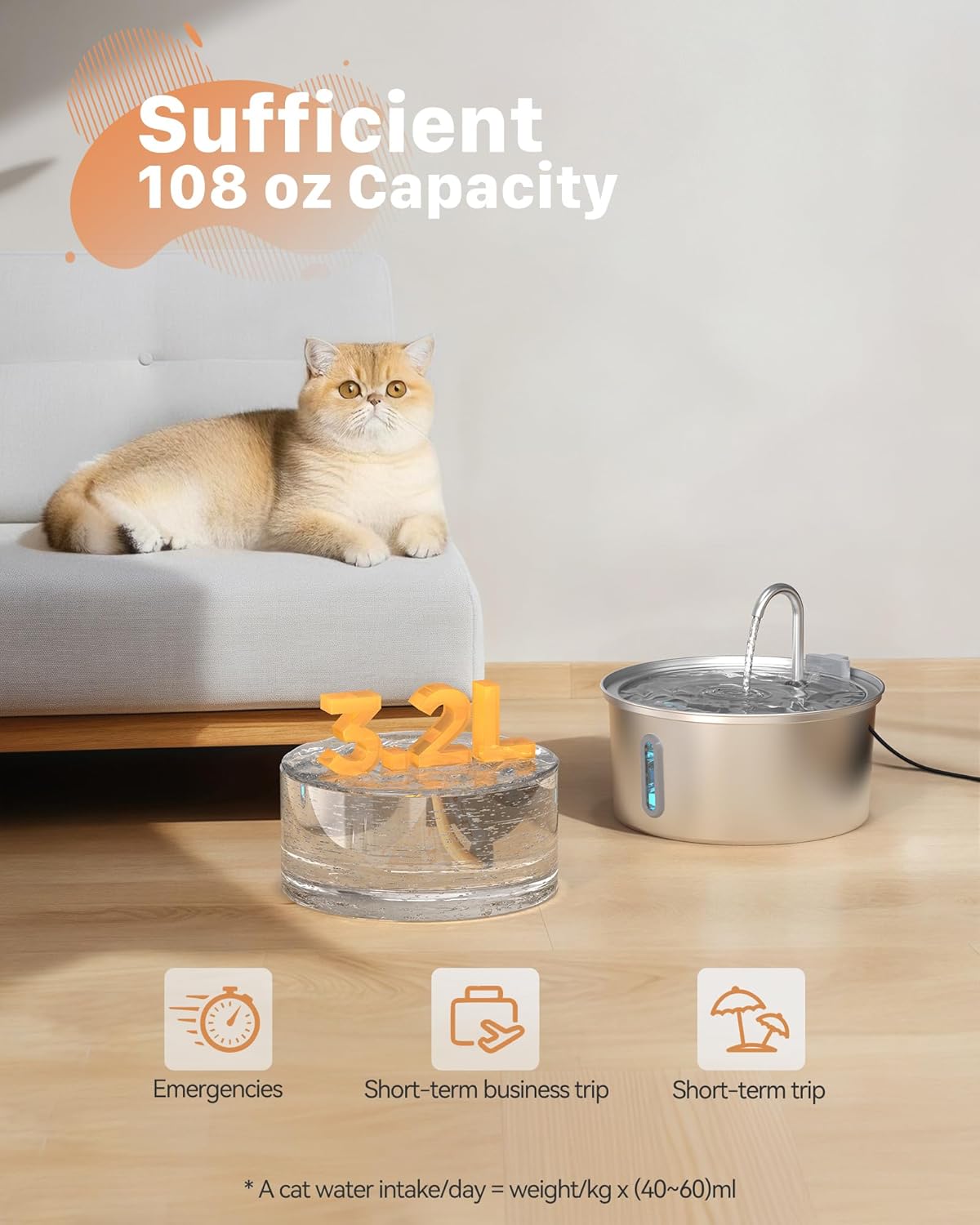 Cat Water Fountain Stainless Steel: Cat Fountain for Drinking - Automatic Pet Water Fountain for Cats Inside - 3.2L Dog Water Dispenser Cat Drinking Supplies Metal Kitty Spout Animal Waterer Bowl