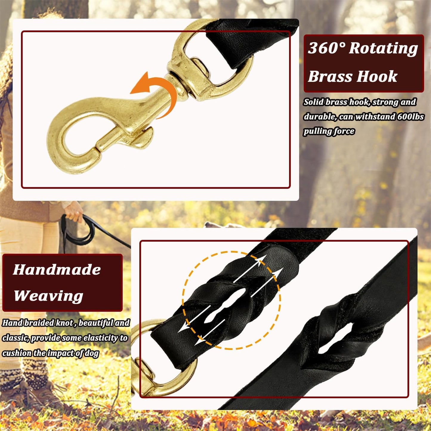 LWBMG Black Leather Dog Leash 8ft, Heavy Duty, Strong and Sturdy Braided, Soft and Comfortable for Medium Large Dogs Training and Walking