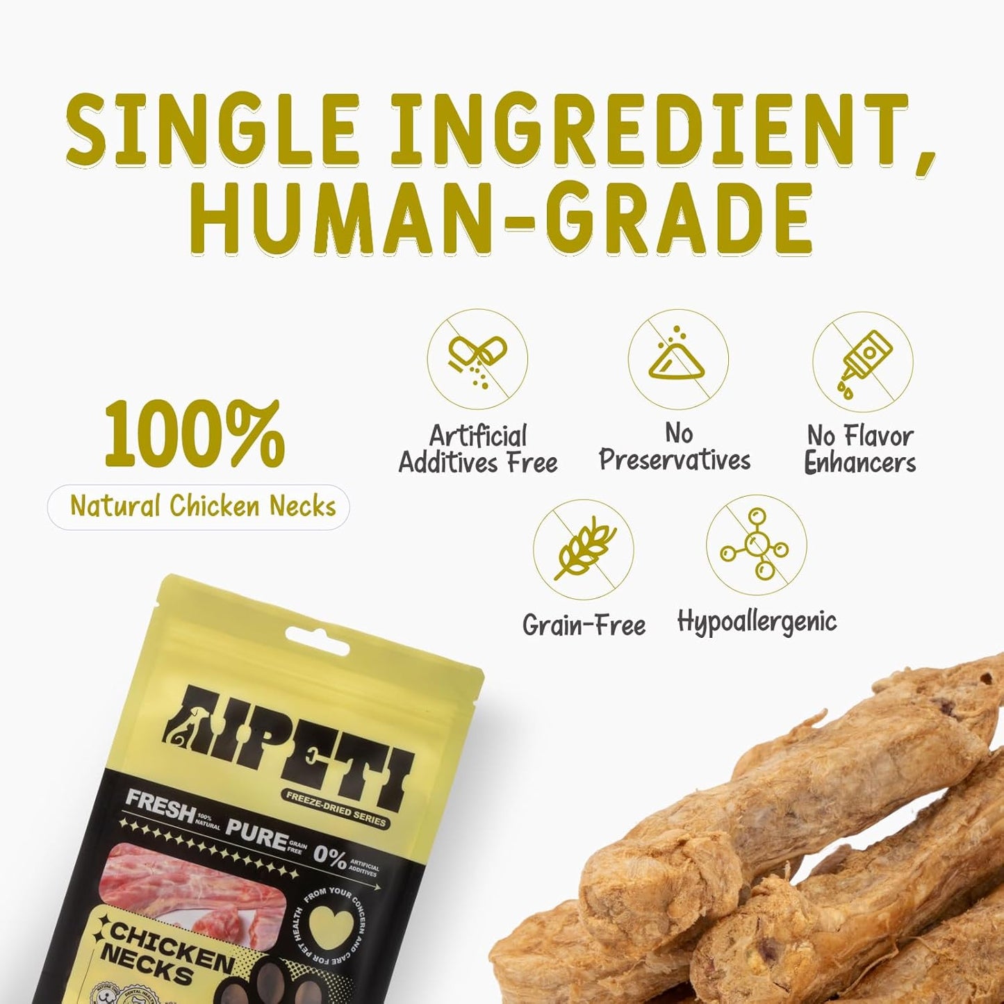 Freeze Dried Chicken Necks Treats for Dogs & Cats, Single Ingredient, Premium Quality High Protein Training Treats, Grain Free, Gluten Free, Filler Free, Supports Bone, Teeth & Joint Strength
