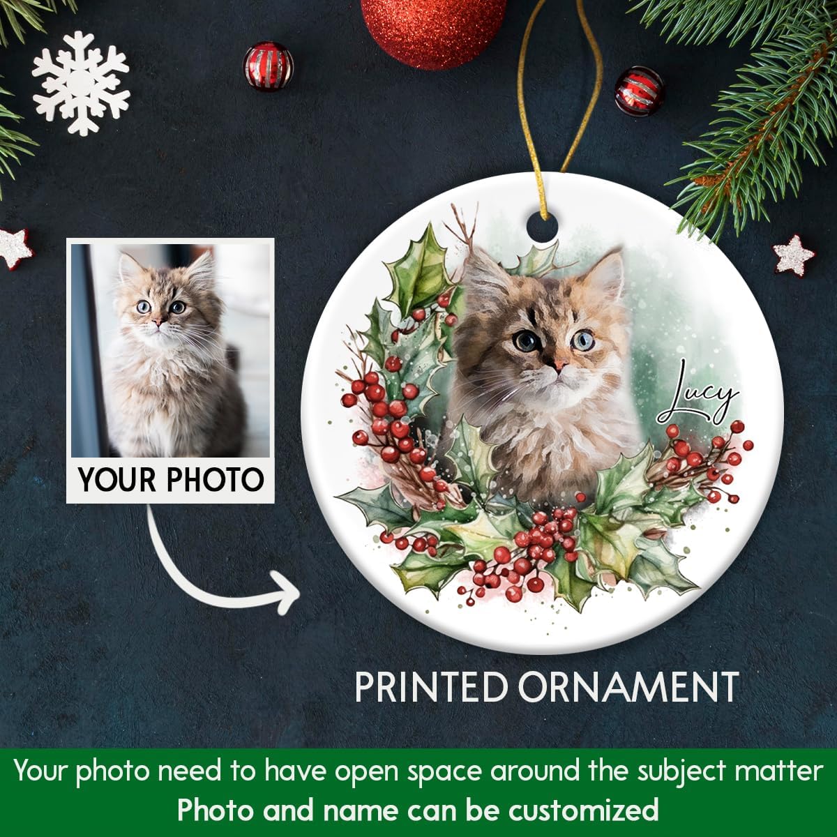 Personalized Pet Picture Frame Ornaments - Custom Ceramic Ornament for Christmas Trees Decorations, Puppy Kitten Xmas Keepsake - Gifts for Dog Cat Lover - My First Christmas Cat/Dog Gift