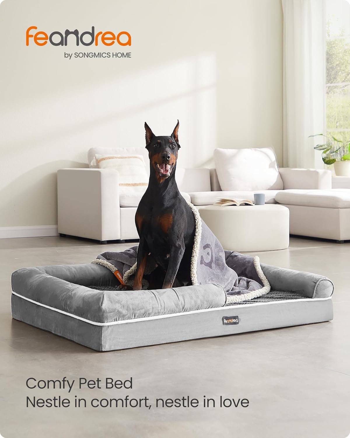 Feandrea Orthopedic Dog Bed, Large Dog Bed Waterproof, Removable Washable Cover Sofa with Non-Slip Bottom, Raised Edges, 48 x 33 x 8 Inches, Light Gray UPGW078G02V1