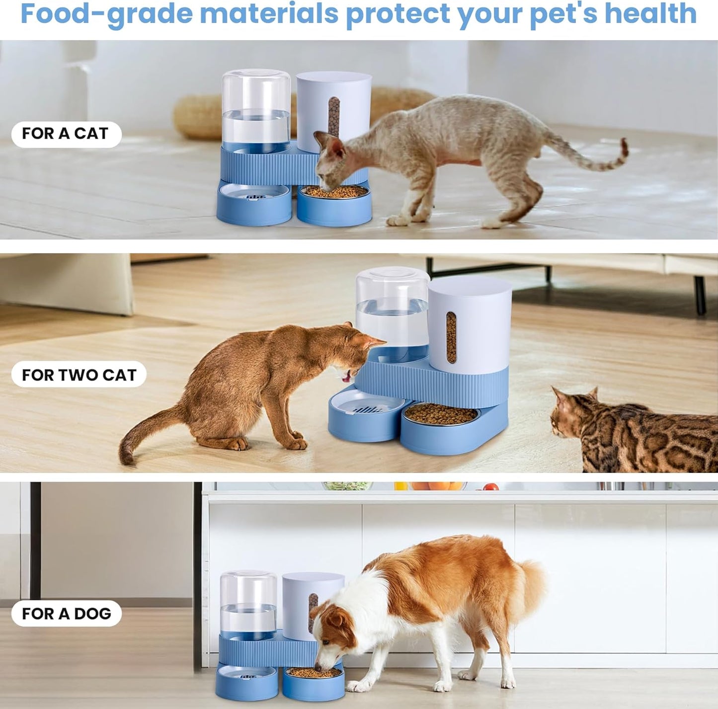 Automatic Dog Cat Water Dispenser Gravity Feeder and Water Dispenser Stainless Steel 2-in-1 Set Large Capacity Dispenser for Pets Dogs, Puppies, Kittens-Blue