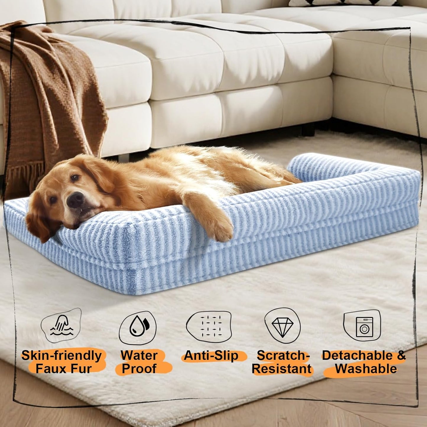 Large Dog Bed Orthopedic Washable Dog Beds Bolster - Medium Large Big Dogs - Memory Foam Dogs Couch Sofa - Waterproof with Removable Cover