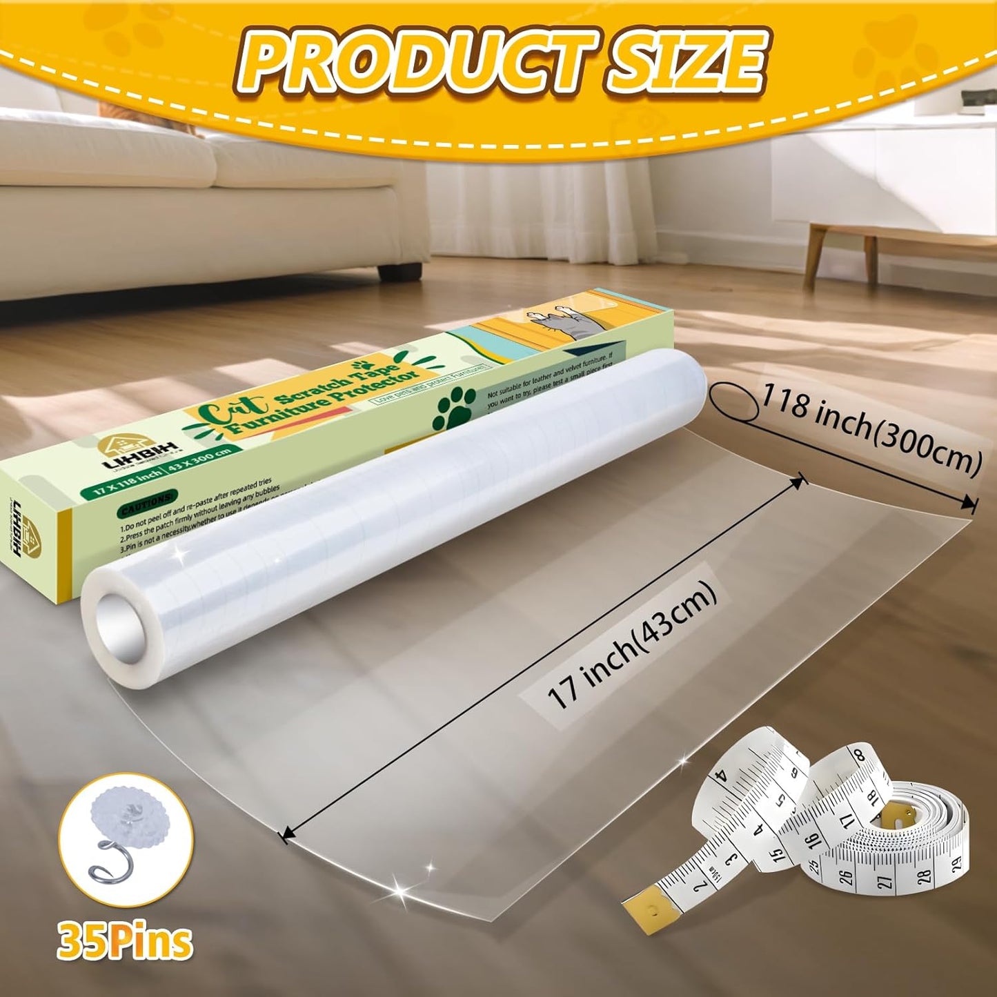 Anti Cat Scratch Furniture Protector, 17" x 118" Self-Adhesive Couch Protector for Cat Claws, Heavy Duty Couch Cover Furniture Protectors from Cats Scratching Tape for Sofa, Corner, Door, Chair