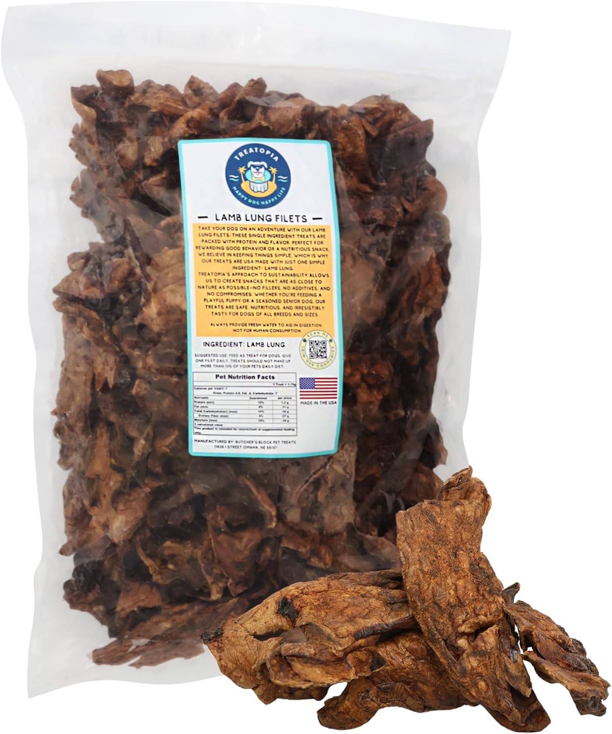 Lamb Lung Filet Dog Treats, 2 LB Bag - All-Natural, Sustainable, Healthy, High Protein, Hand-Trimmed, Slow-Roasted, Made in The USA, Nutritious, No Additives, No Fillers
