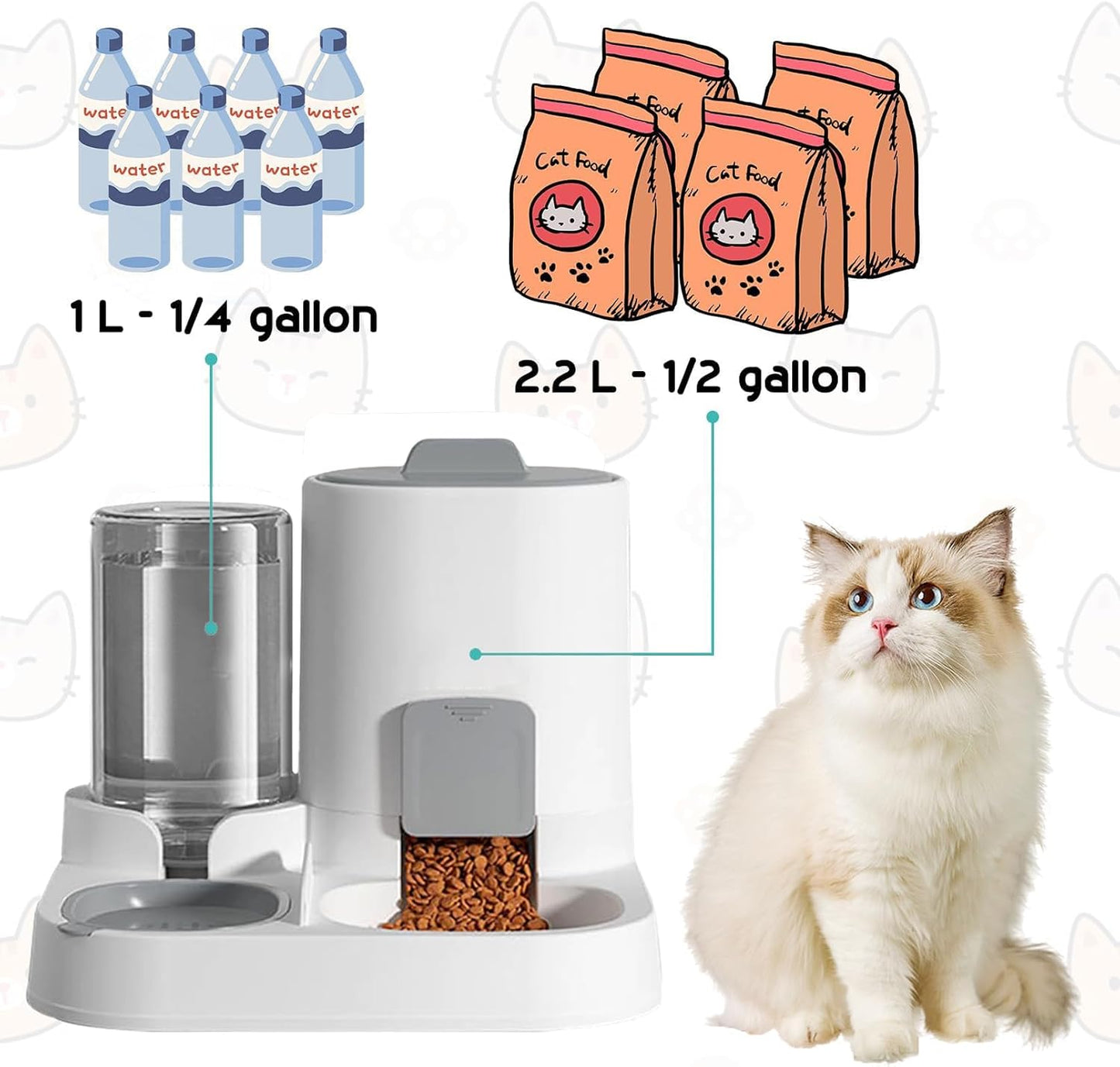 Gravity Cat Feeder and Water Dispenser, 2 in 1 Automatic Pet Waterer Detachable Food Bowls Set Pet Food Storage for Small Cat Kitten Dog Puppy Pet Easy Clean (Grey)