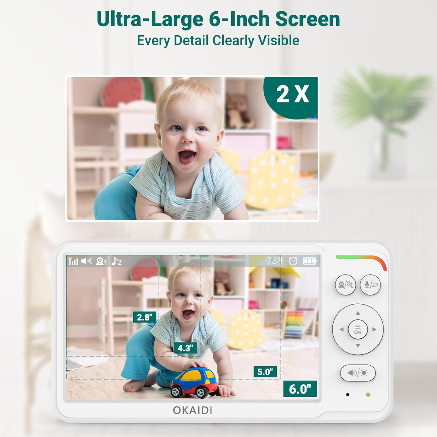 OKAIDI Baby Monitor with 2 Cameras and Audio, Video Baby Monitor with 6'' IPS Split-Screen, 1000ft Baby Camera Monitor with 30-Hour Battery, 150 Languages, ECO Mode, 2-Way Talk, No WiFi