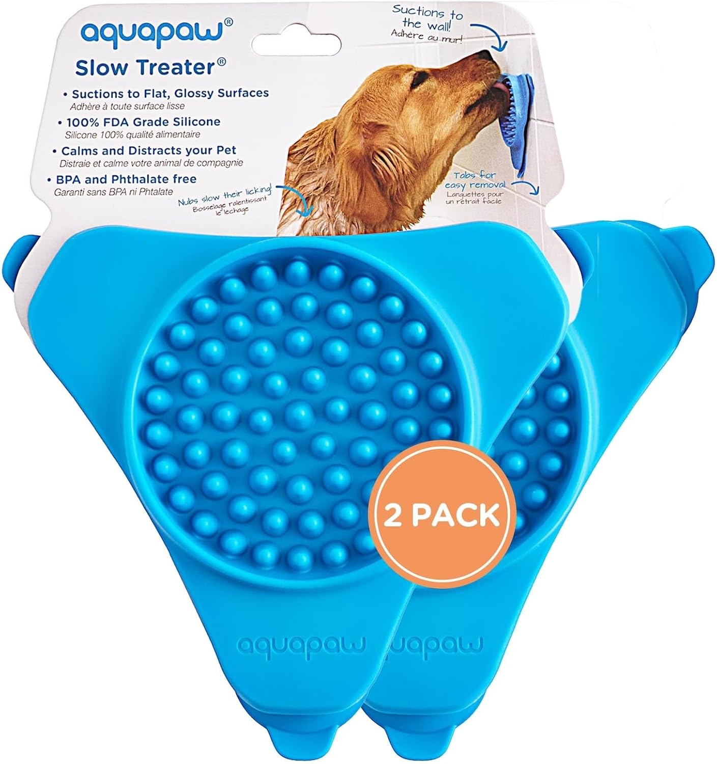 Aquapaw Lick Mat for Dogs - 2-Pack, Regular, Blue - Suction Cup Lick Mat & Slow Feeder Pad for Peanut Butter Dog Treats - Calming Bathing Aid