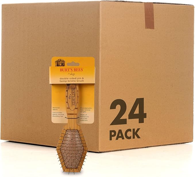 Burt's Bees for Pets Double Sided Pin & Hemp Bristle Dog Brush | Best All-Purpose Dog Brush to Reduce Shedding | for Long & Short Haired Large Dogs, Bamboo (Pack of 24)