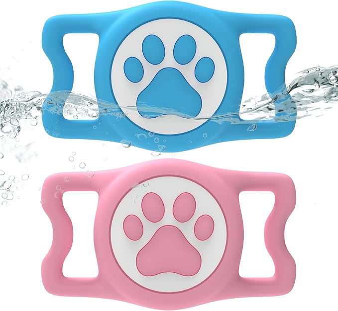 Dog Airtag Holder,[2-Pack] IP68 Waterproof AirTag Holder for Dog & Cat Collars,Silicone Air Tags Case for Pet Collars (Pink+Bule)