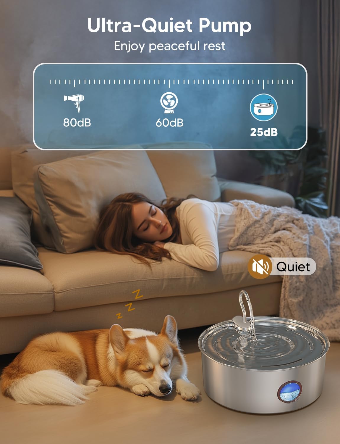 Dog Water Fountain for Large Dogs- 8L/270oz Stainless Steel Dog Fountain Dispenser Automatic Pet Water Bowl with Ultra-Quiet Pump/Quadruple Filtration for Large Pups Cats & Multi-Pet