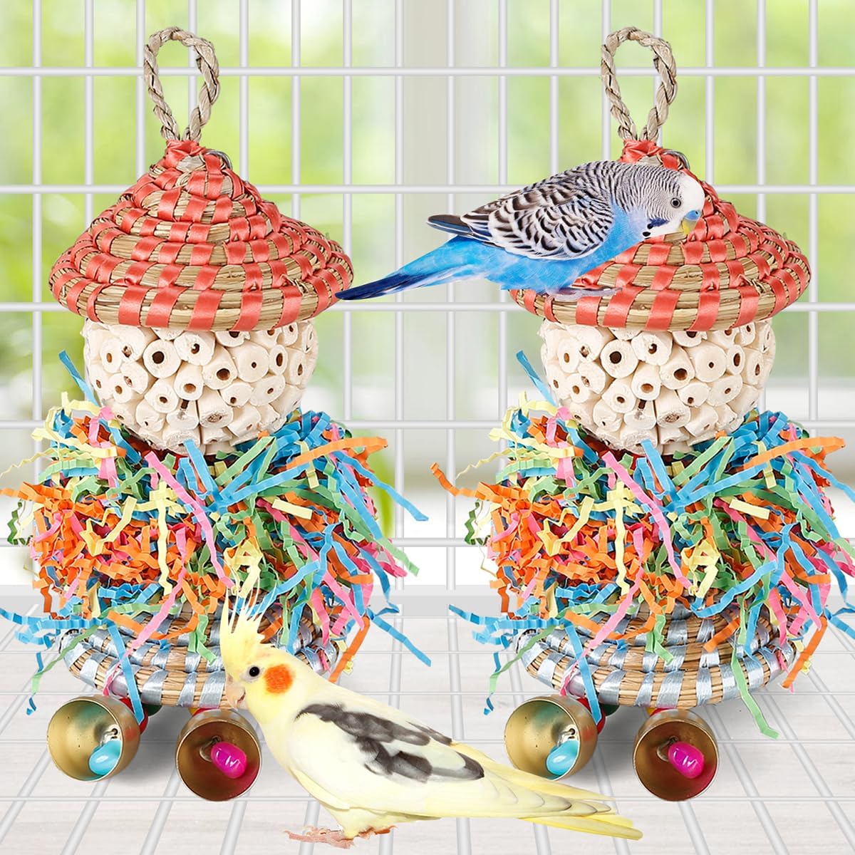 2PCS Bird Toys Parrot Foraging Shredder Hanging Toys Sola Balls with Bell for Small Parrots Parakeets Cockatiel Conures Love Birds Budgie Cage Toy