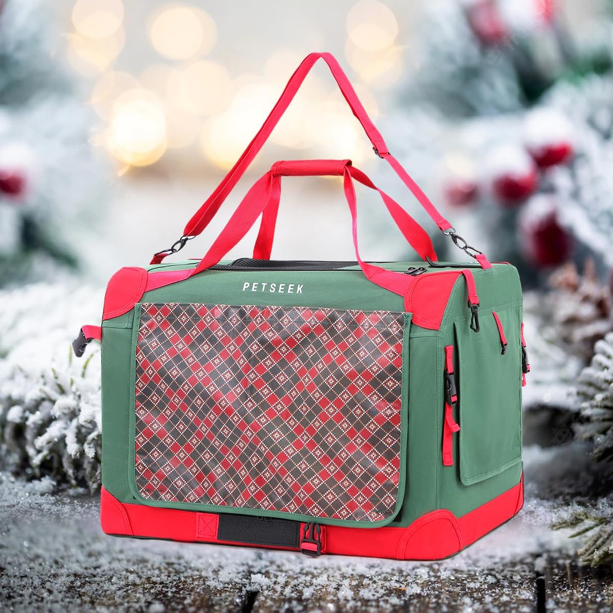 Extra Large Cat Carrier Soft Sided Folding Small Dog Pet Carrier 24"x16.5"x16" Travel Collapsible Ventilated Comfortable Design Portable Vehicle with Curtain(Green-Red)