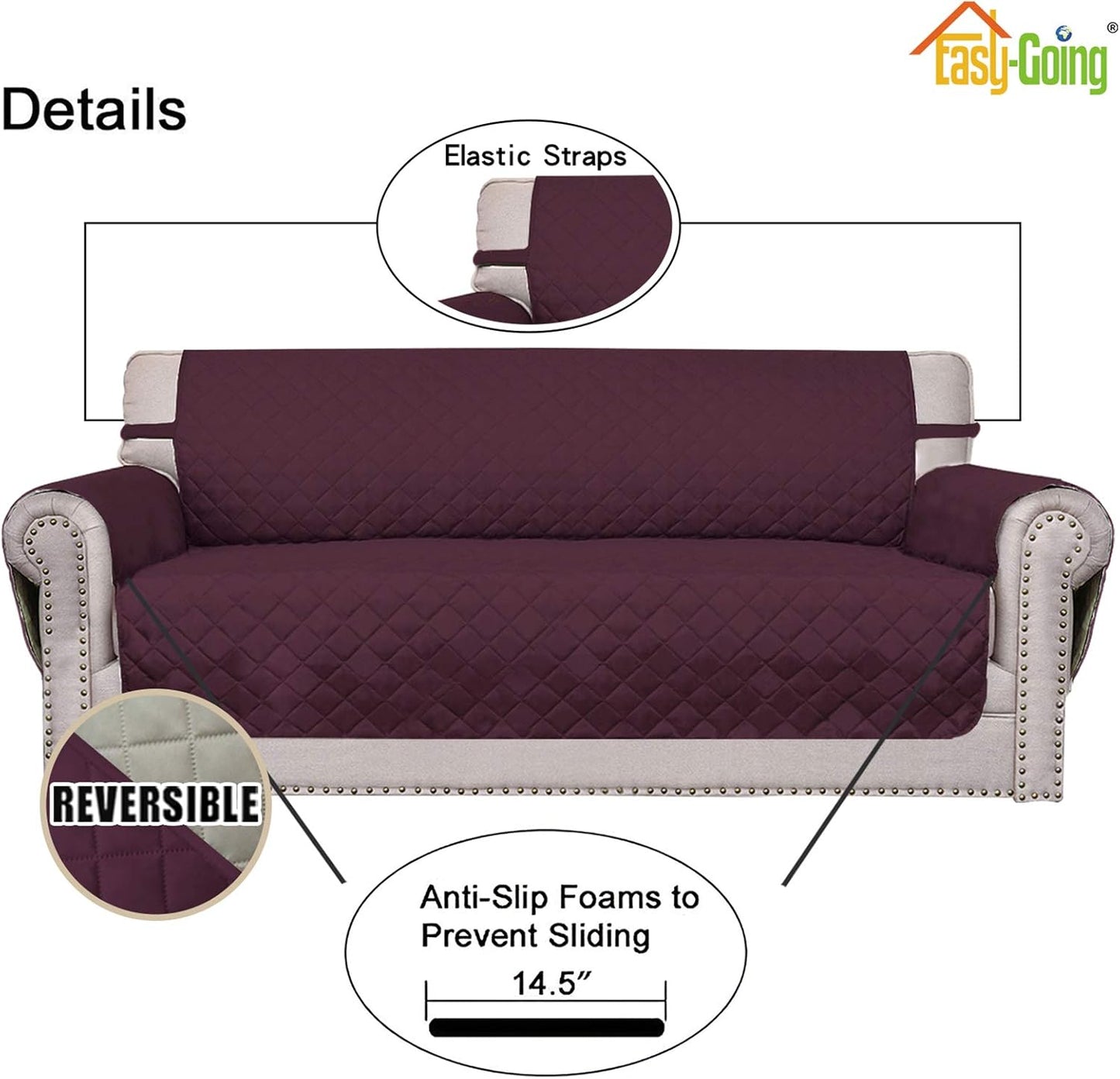 Easy-Going Sofa Slipcover Reversible Loveseat Sofa Cover Couch Cover for 2 Cushion Couch Furniture Protector with Elastic Straps for Pets Kids Dog Cat (Oversized Loveseat, Wine/Beige)