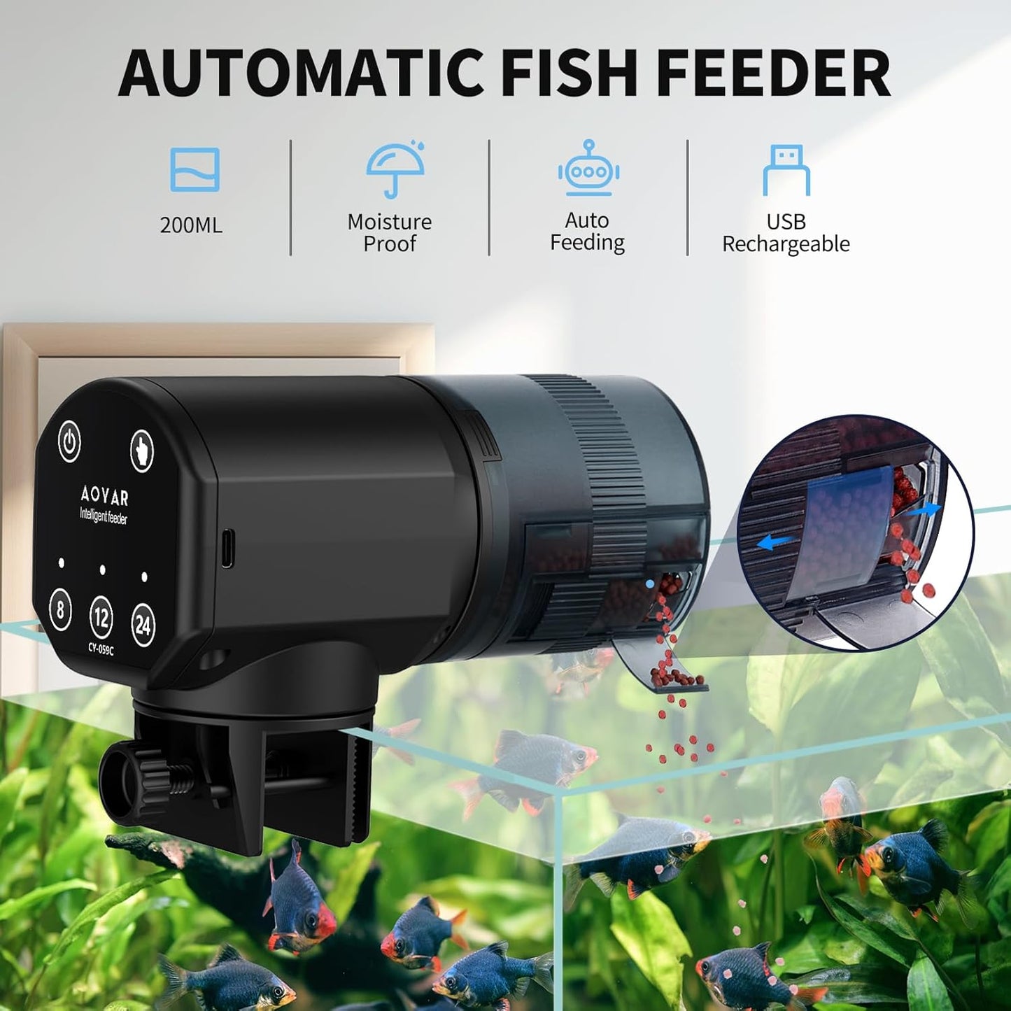 Automatic Fish Feeder for Aquarium: Rechargeable Fish Feeder Dispenser,Moisture-Proof & 200ML Large Capacity Betta Turtle Vacation Feeder,Auto Fish Food Dispenser Timer for Weekends/Business