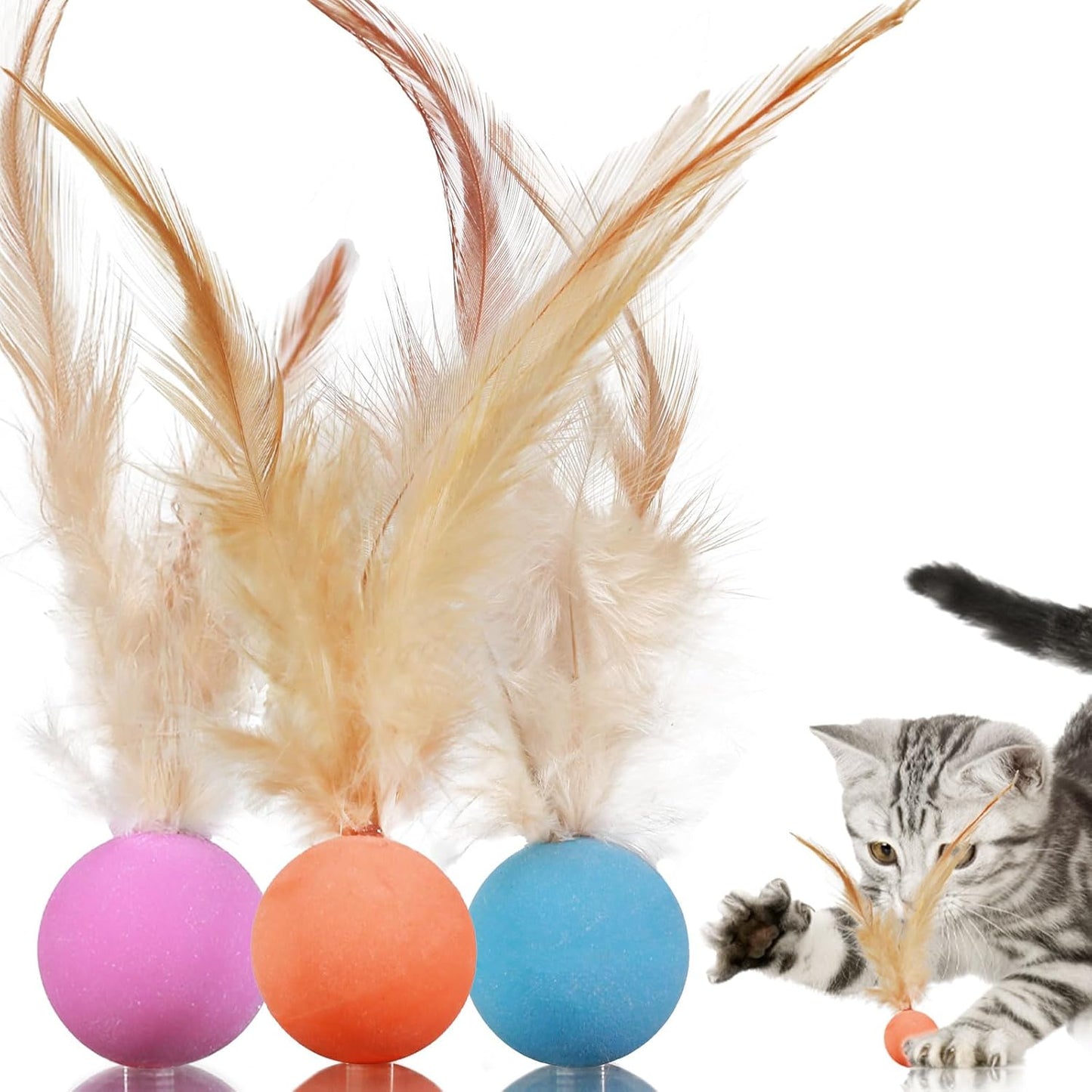 Cat Toys Balls with Feathers, 3 Pcs Interactive Cat Bouncy Balls for Indoor Cats and Playful Kittens, Rubber Kitten Ball Toys for Interactive Playing, Chase Training and Hunting Exercise