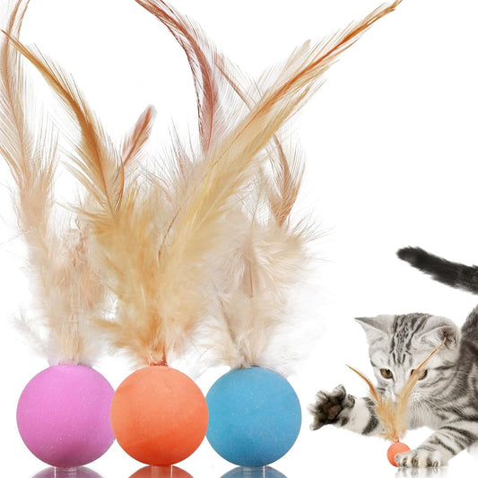 Cat Toys Balls with Feathers, 3 Pcs Interactive Cat Bouncy Balls for Indoor Cats and Playful Kittens, Rubber Kitten Ball Toys for Interactive Playing, Chase Training and Hunting Exercise
