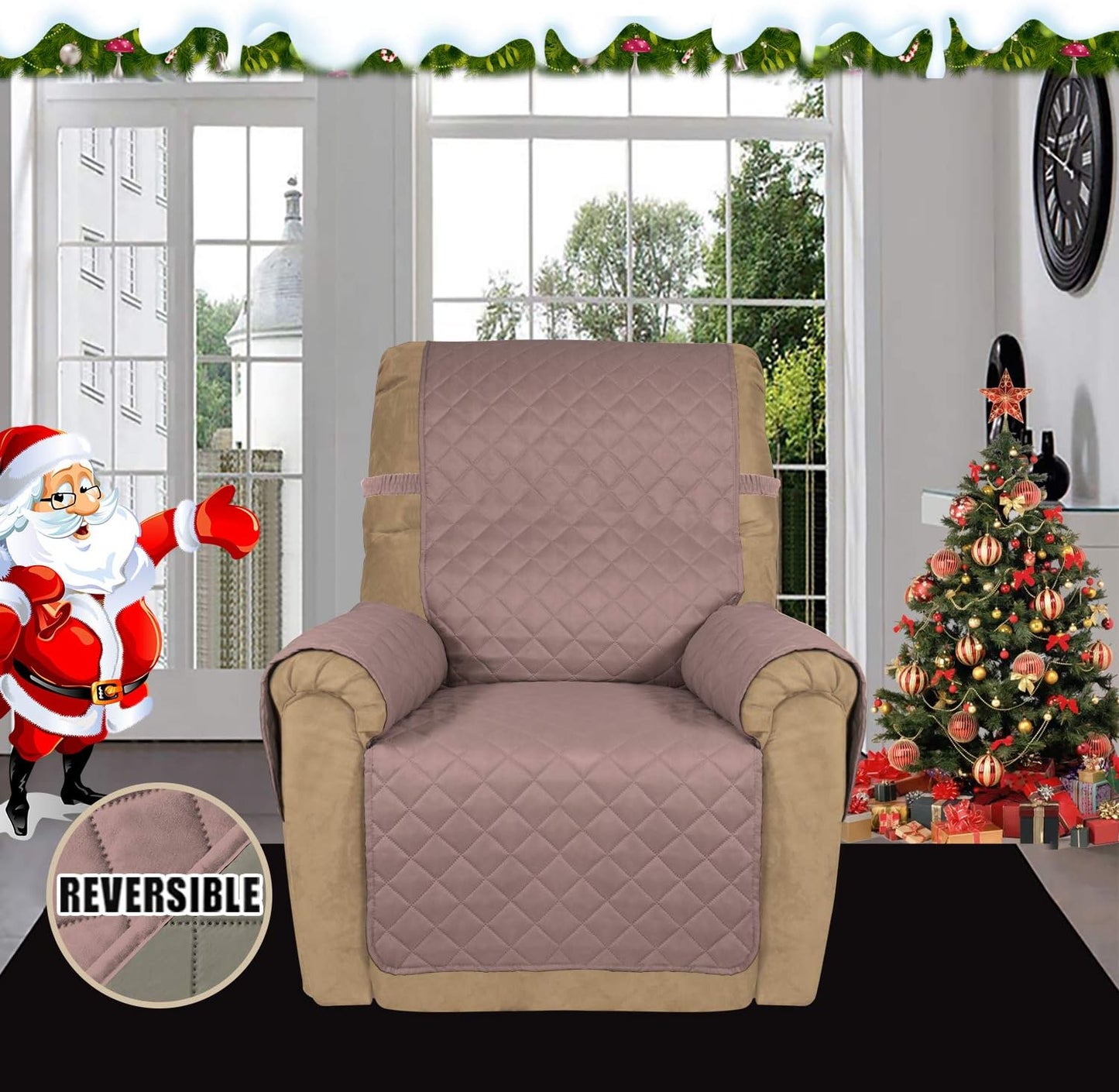 Easy-Going Recliner Sofa Slipcover Reversible Sofa Cover Water Resistant Couch Cover Furniture Protector with Elastic Straps for Pets Kids Children Dog Cat (Recliner, Pink/Beige)