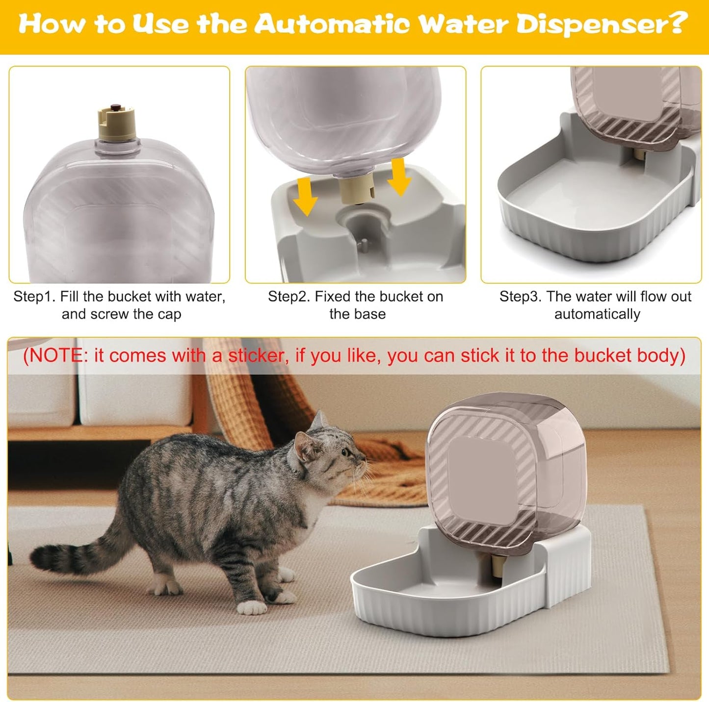Gravity Water Bowl for Cats, 3L Automatic Pet Water Dispenser, Large Gravity Dog Water Bowl & Cat Water Dispenser, Suitable for Cats, Rabbits, Small and Medium-Sized Dogs