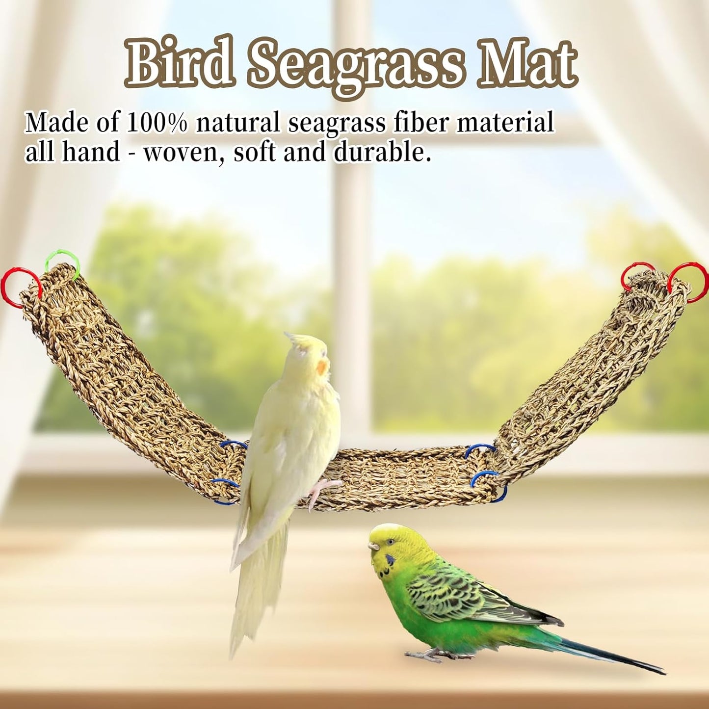 Tfwadmx Large Bird Seagrass Hammock, 3Pcs 7x11.8in Seagrass Mat for Birds, Hanging Parrot Toys, Counre House Hut Hideout for Parakeets, Lovebirds, Budgies, Cockatiels