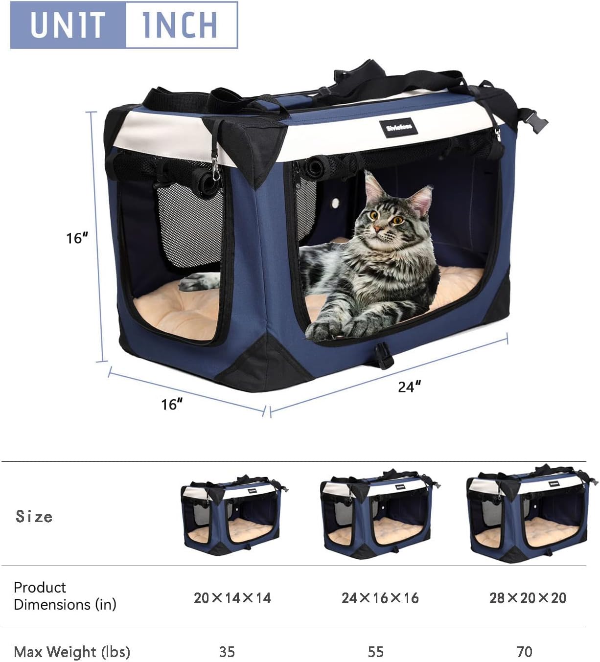 Large Cat Carrier, Collapsible Dog Travel Crate Portable Soft-Sided Pet Carrier with Super Soft Warm Plush Mat for Indoor and Outdoor 24x16x16in,Navy Blue