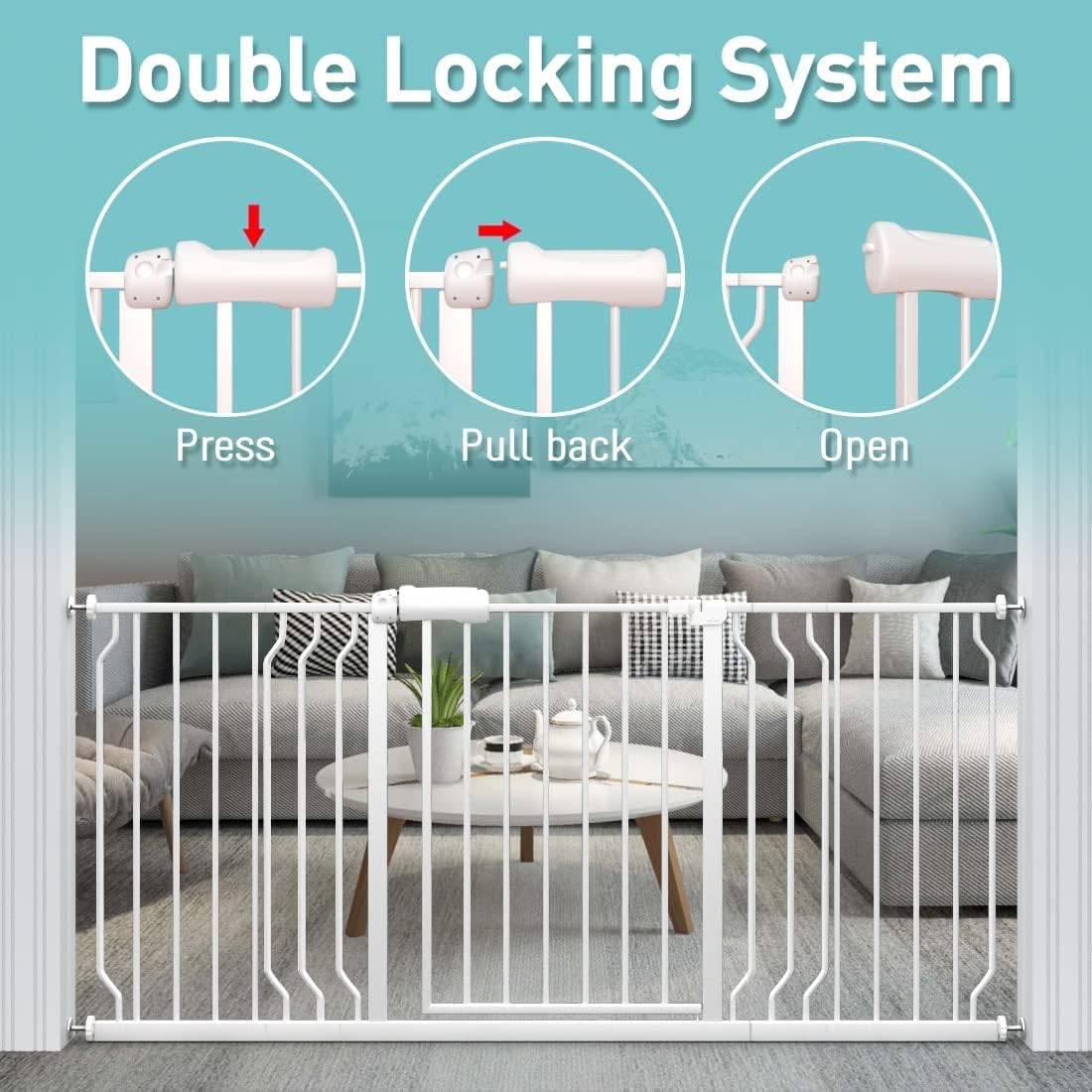 WAOWAO Baby Gate 33.86-38.55" Extra Wide Pressure Mounted Walk Through Swing Auto Close Safety White Metal Toddler Kids Child Dog Pet Puppy for Stairs,Doorways,Kitchen