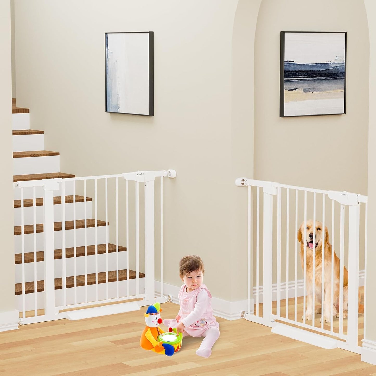 Cumbor 2 Pack 29.7-40.6" Baby Gate for Stairs, Mom's Choice Awards Winner-Auto Close Dog Gate for doorways, Pressure Mounted Pet Gates Indoor, Easy Walk Thru Wide Safety Child Gate for Dog, White