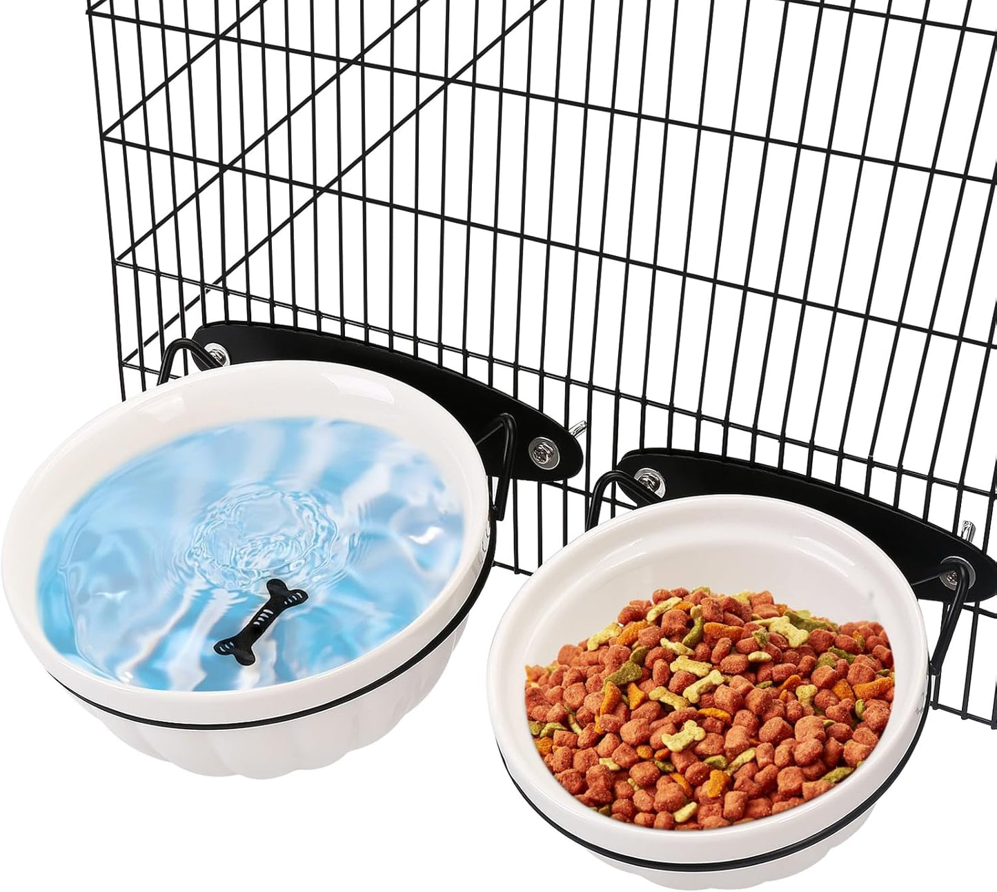 Dog Kennel Water Bowl, 2 Pack Ceramic Hanging Dog Crate Water Bowls No Spill, Removable Thick Tilted Cat Food/Water Bowls for Small Dogs, Cats, Rabbit, Guinea Pigs(5.7 * 2.4&4.7 * 2”)