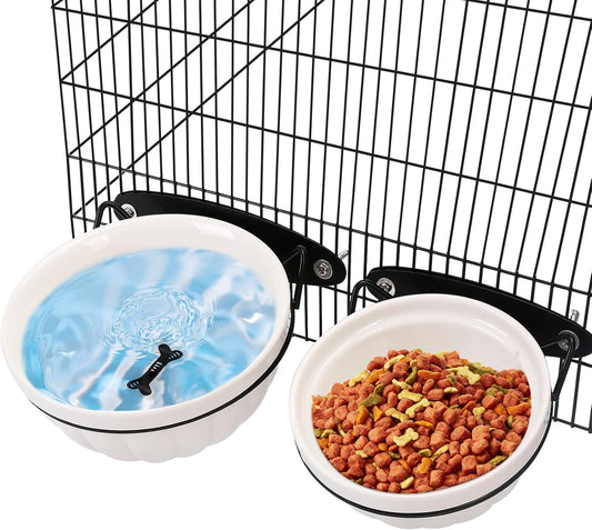 Dog Kennel Water Bowl, 2 Pack Ceramic Hanging Dog Crate Water Bowls No Spill, Removable Thick Tilted Cat Food/Water Bowls for Small Dogs, Cats, Rabbit, Guinea Pigs(5.7 * 2.4&4.7 * 2”)