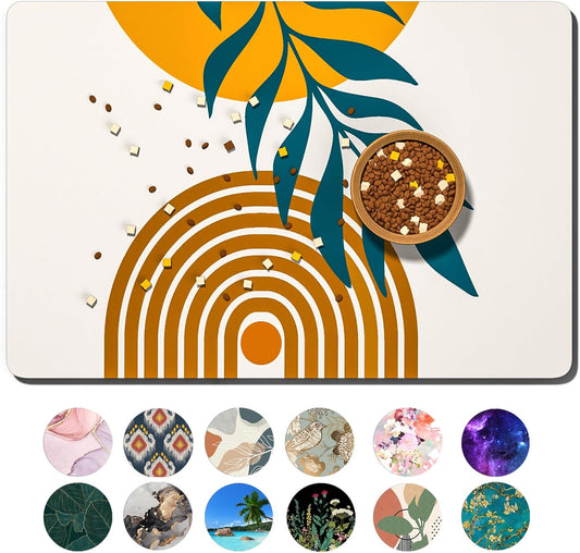 Dog Food Mat, 12" x 19" Absorbent Dog Cat Bowl Mat for Food and Water, Cute Anti-Slip Rubber Pet Feeding Rug Protect Floors, Washable Placemat for Feeding & Watering Supplies, Modern Abstract