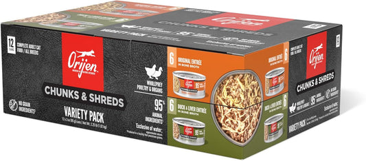 ORIJEN Chunks & Shreds Wet Cat Food Variety Pack: Original + Duck & Liver Recipes 3oz Cans (12 Count, 6 of Each)