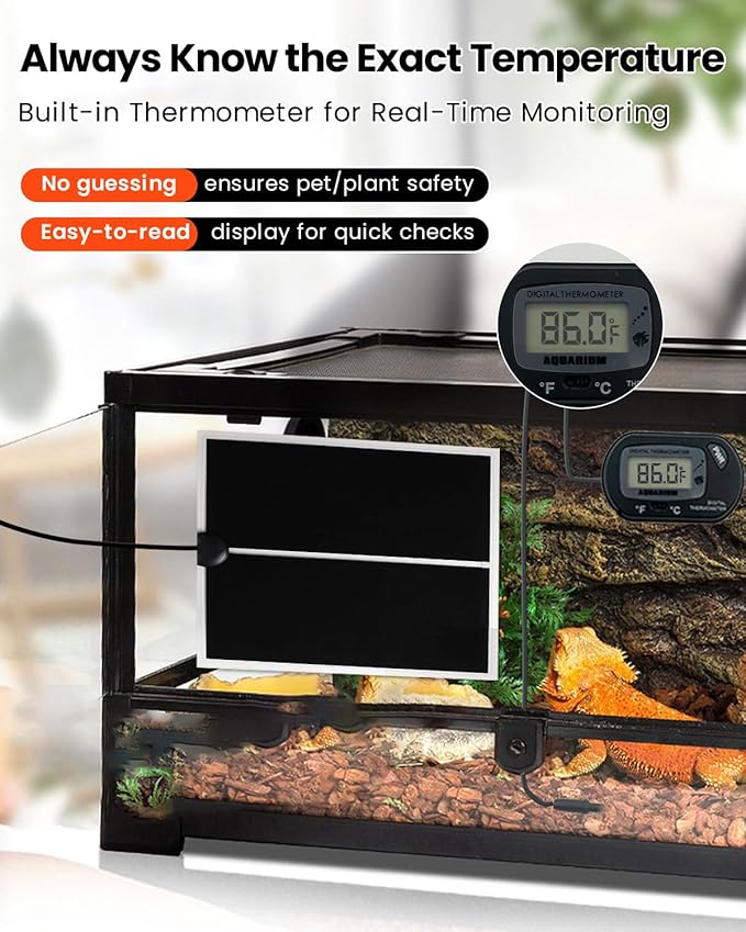 MQ Reptile Terrarium Heat Pad with LCD Digital Aquarium Thermometer, 5.5 x 6in Power Adjustment Under Tank Heater Mat for Pets, Small Animals, Seedling, 5W
