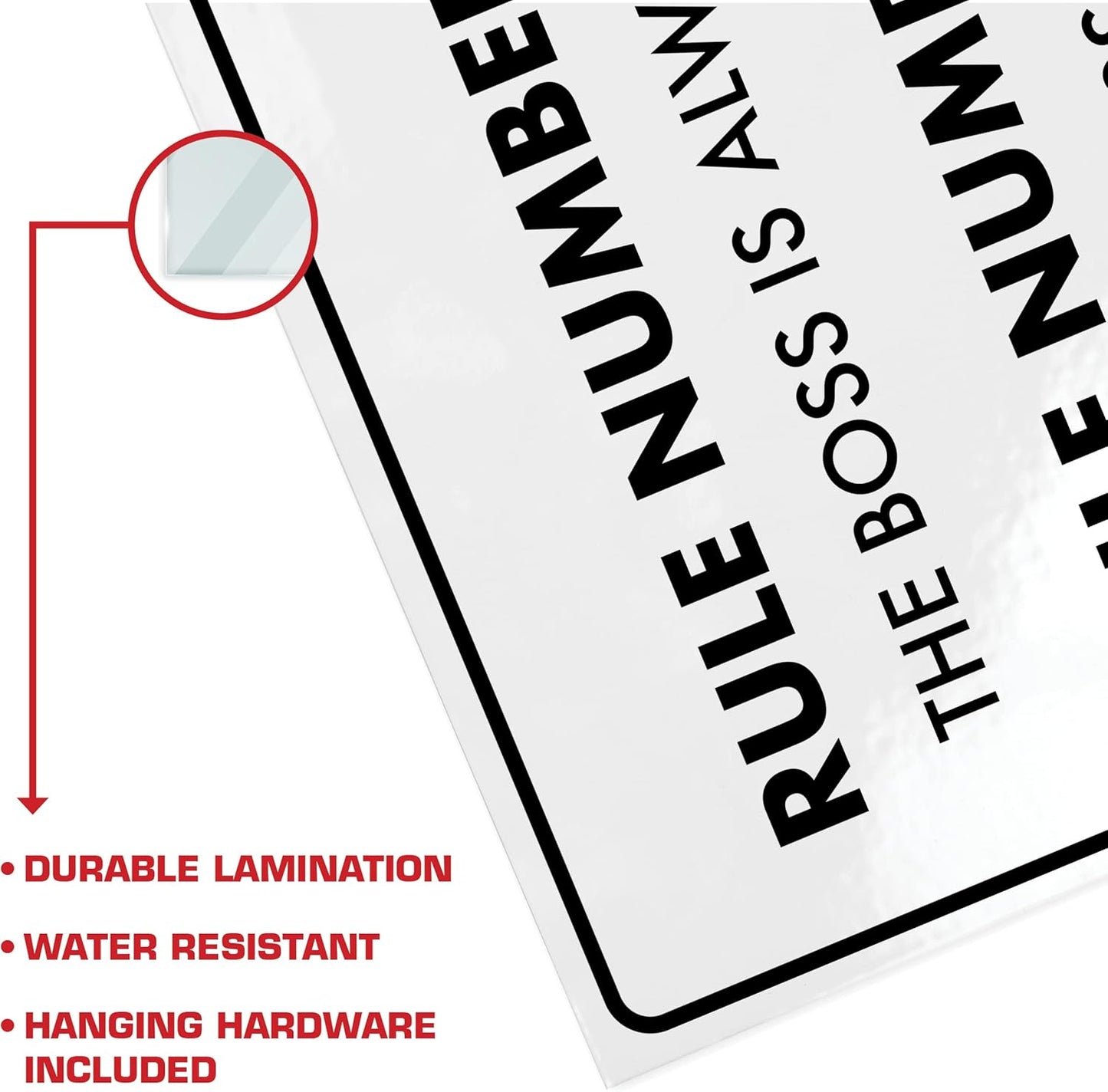 ENVISIONED Decorative Signage - Boss Rules 8.5 x 11 inches Metal Sign, Funny Office Decor, Laminated, Mounting Putty & Adhesive Hook Included